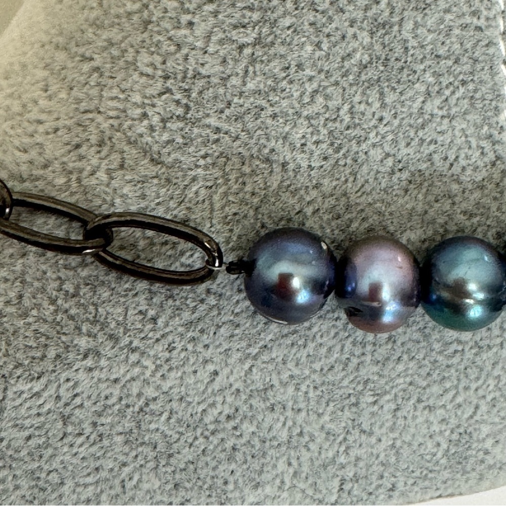 Artisan Black Sterling Silver Gray Pearl Metal Chain Diamond Necklace NEW - Picture 7 of 17